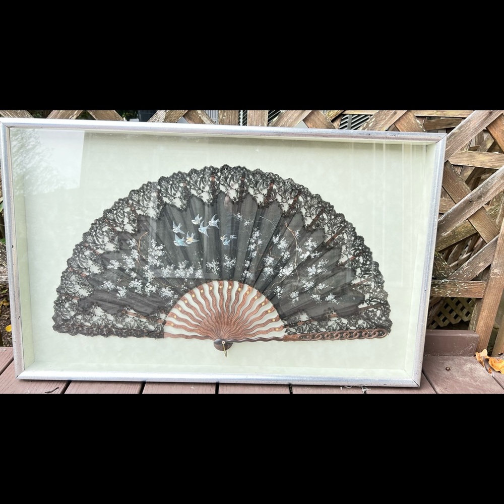Large Black Victorian Fan with Blue Birds